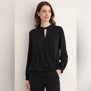 Eileen Fisher 100% Silk Georgette Crepe Wrap Front Blouse Long Sleeve Black S